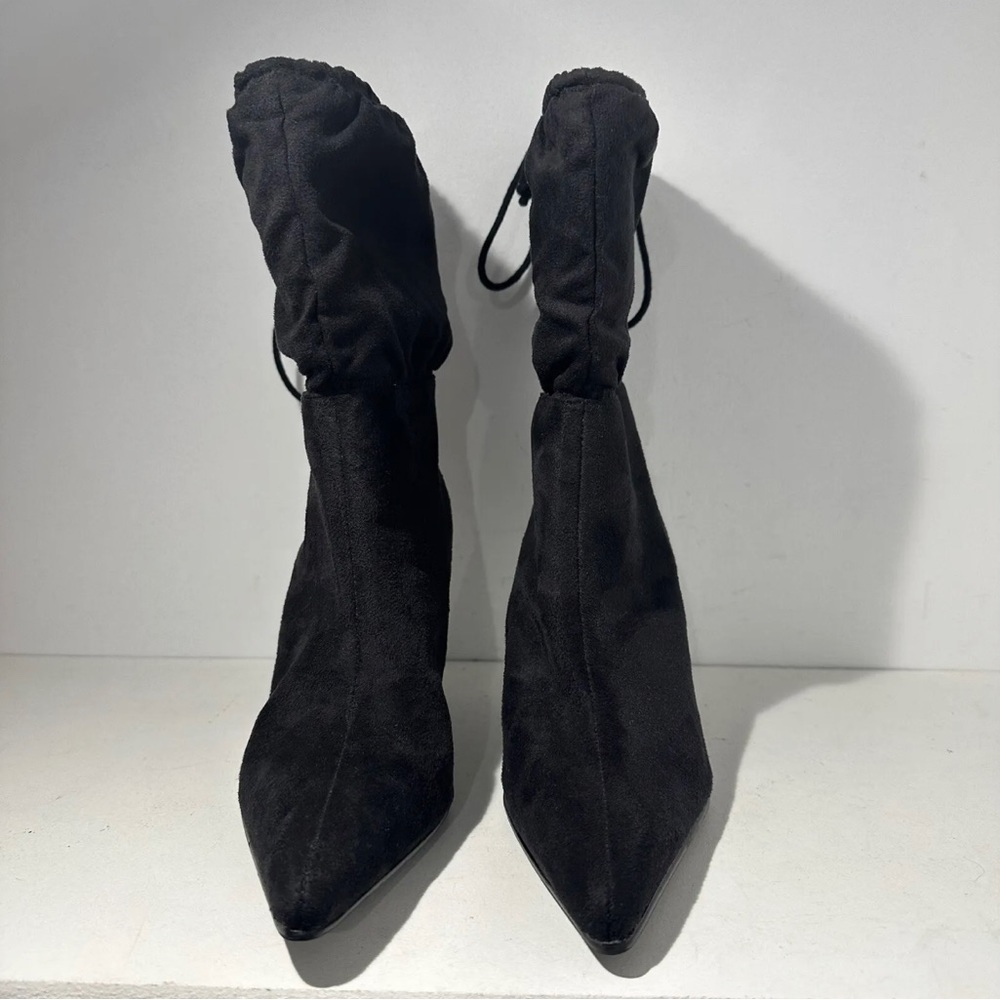Fioni Women's Heeled Boot Size 7 Black Stiletto Faux Suede Slouchy Drawstring